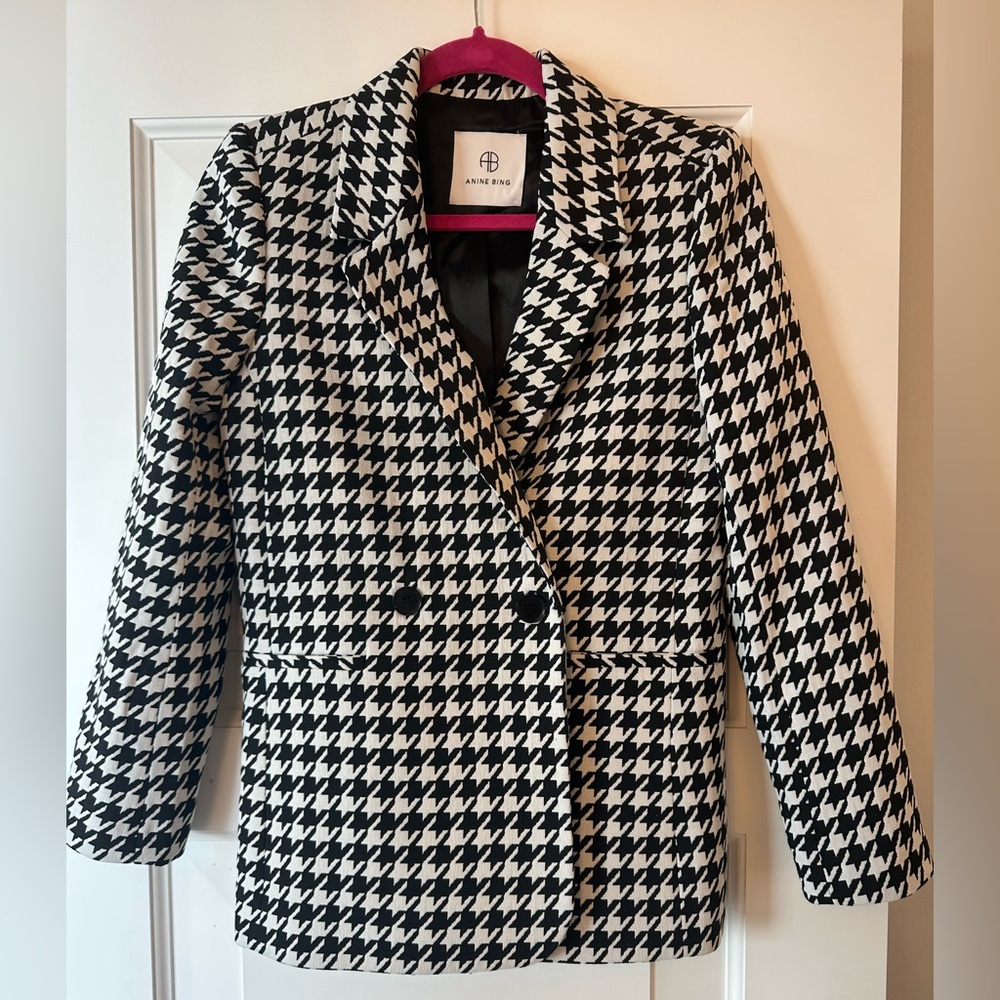 Anine Bing Black and White Houndstooth Oversized Blazer